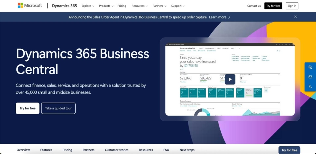 dynamics 365 business central, an ERP tool for remote team management home page view