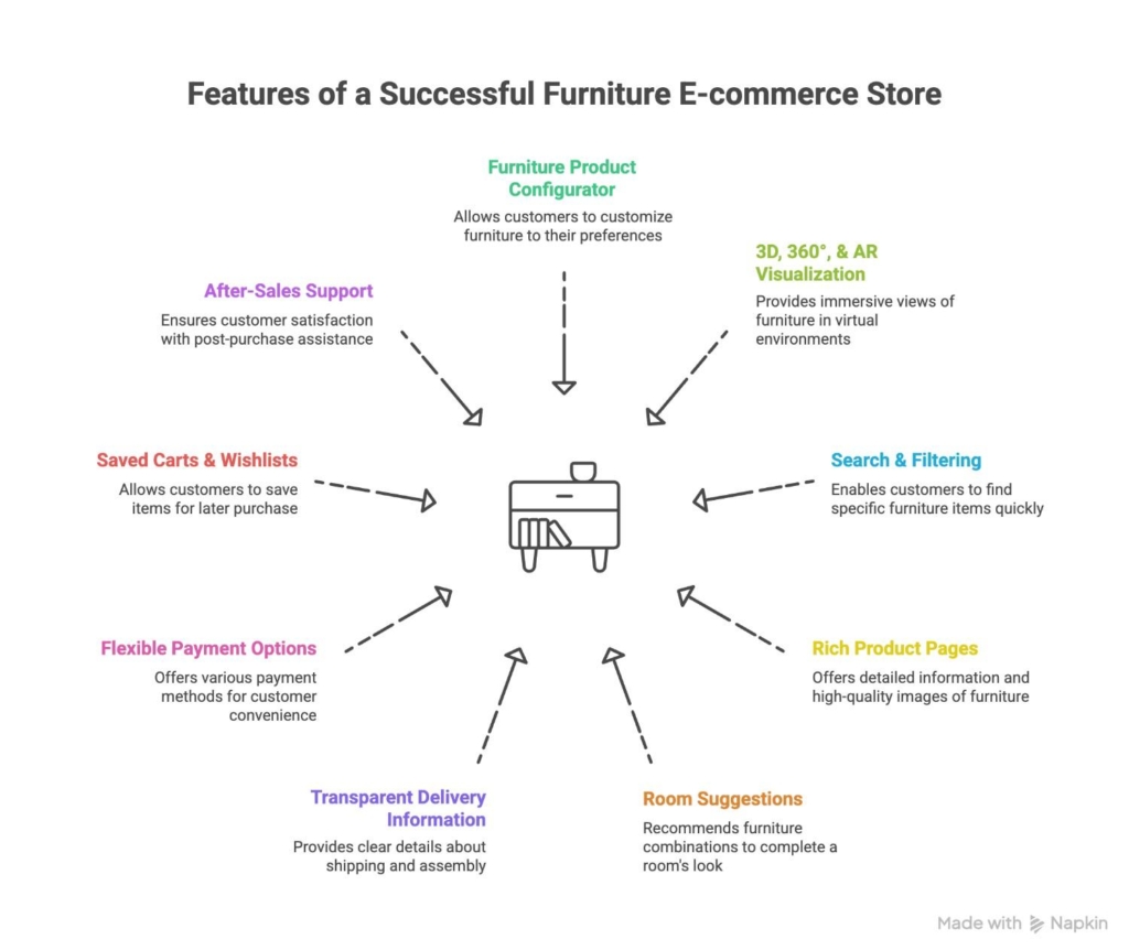 Key features required for a successful furniture e-commerce store.