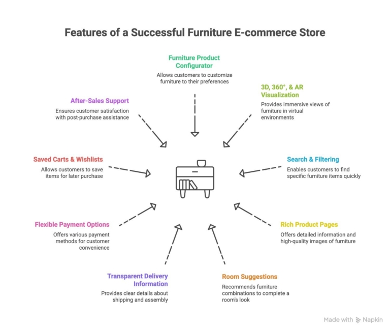 Key features required for a successful furniture e-commerce store.