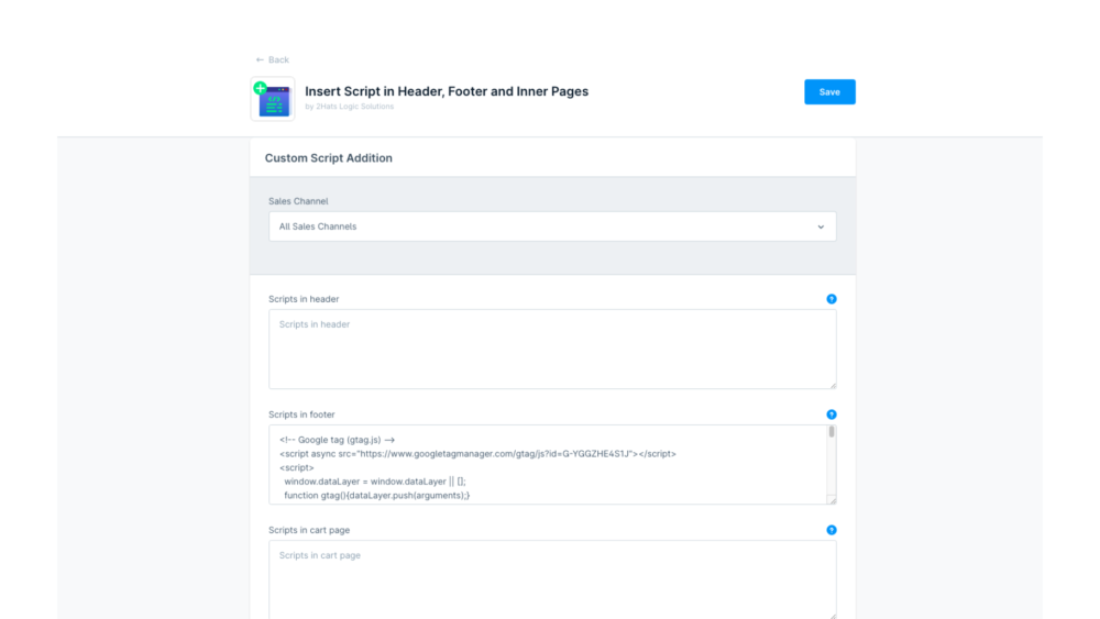 Insert script in header, footer and detail page
